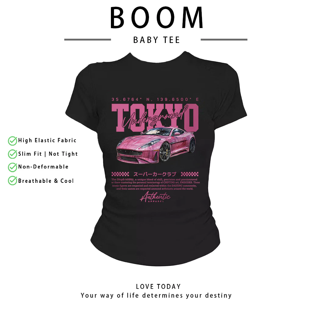 COD(จัดส่งภายใน 24 ชั่วโมง)เสื้อสาวอวบ เสื้อครอปท็อป แขนสั้น babytee สไตล์เกาหลี y2k T-shirt | ธีมรถแข่ง