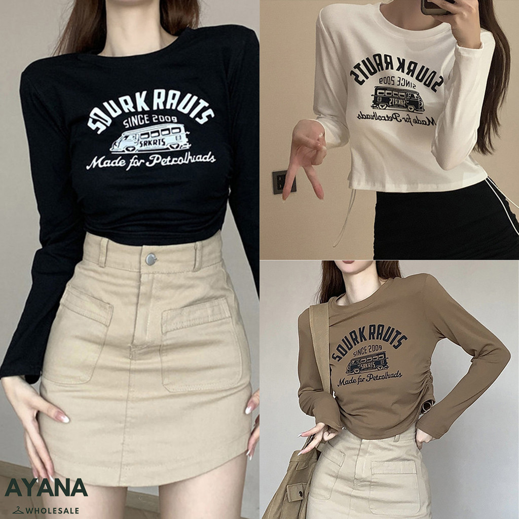 เสื้อยืดแขนยาวผู้หญิง พิมพ์ลาย สไตล์อเมริกัน ทรงเข้ารูป