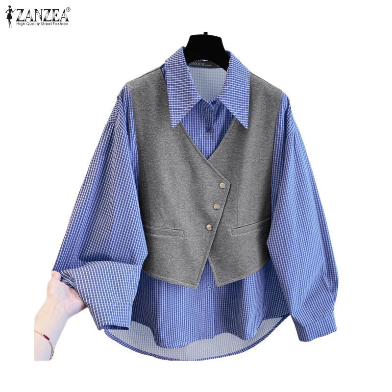 เสื้อเชิ้ตสตรีสไตล์เกาหลีแขนยาวแบบ patchwork slant placket