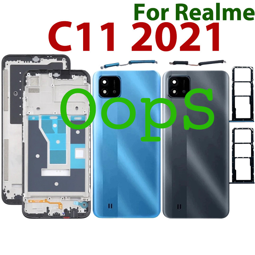 ปกหลังกรอบที่อยู่อาศัยสําหรับRealme C11 2021 โทรศัพท์LCDกลางกรอบด้านหน้าแบตเตอรี่ฝาครอบปุ่มเลนส์ประตู + ถาดซิม