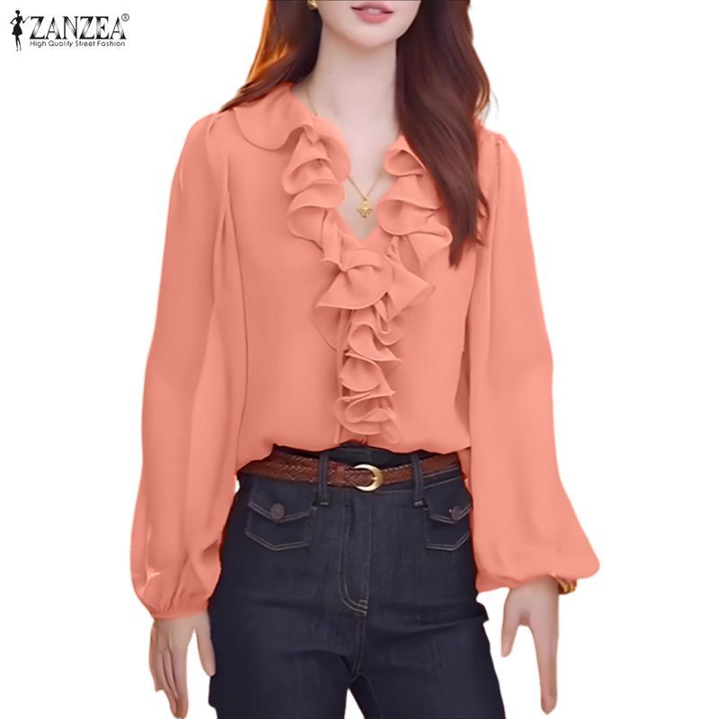 ZANZEA เสื้อยืดสไตล์เกาหลีและฝรั่งเศส สำหรับผู้หญิง ดีไซน์ V-neck แขนระบาย สไตล์คลุม