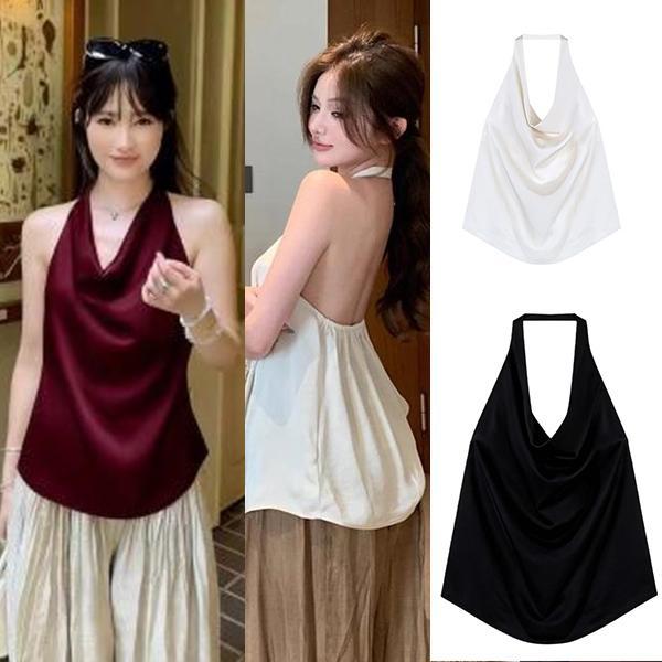 mimi&didi#เสื้อกล้ามคอฮอลเตอร์แฟชั่นสตรีระดับไฮเอนด์สุดหรูหรา เสื้อครอปสายคล้องคอเปิดหลังสุดเซ็กซี่สำหรับผู้หญิง#99360