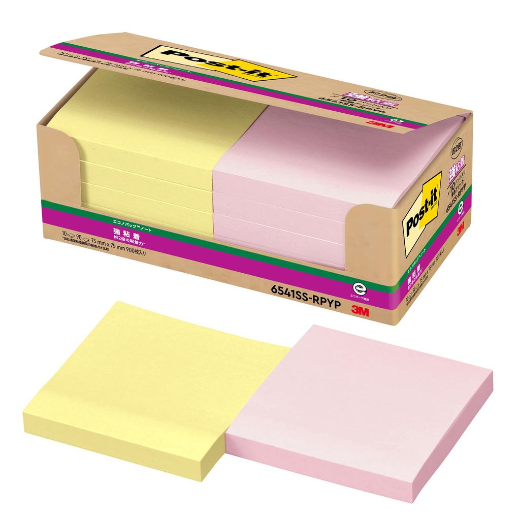3M Post-it Notes Strong Adhesive Large Yellow Pink 75×75mm 90 sheets × 10 pads 6541SS-RPYP Eco Mark 