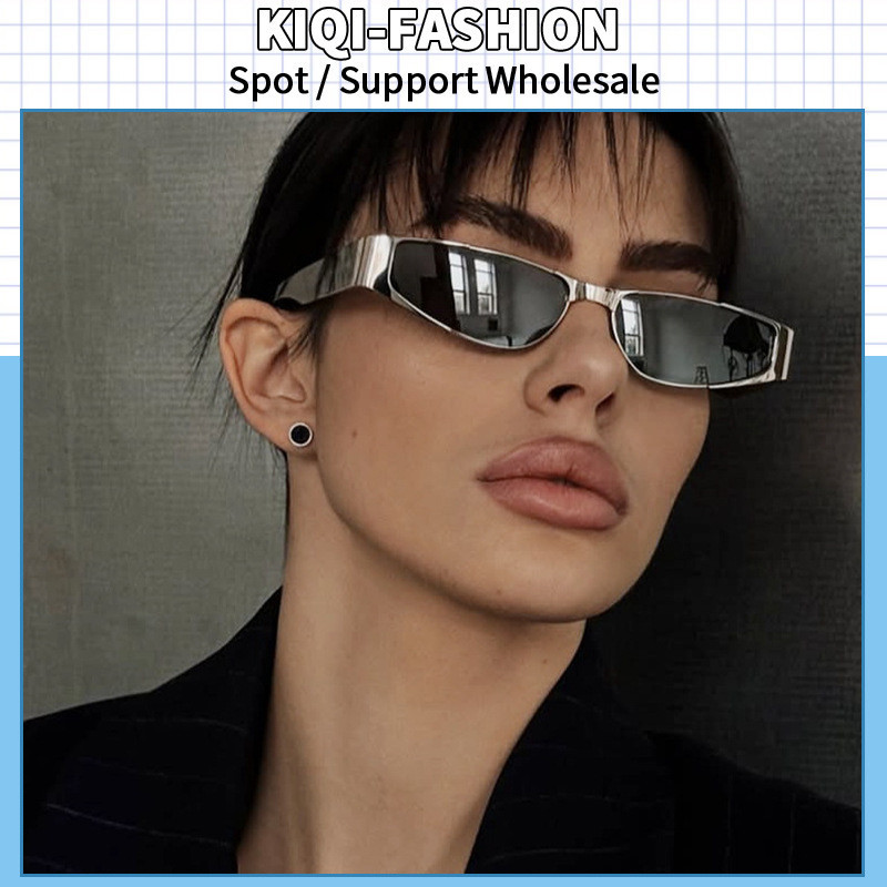 (QIFASHION)Y2K Style แว่นกันแดดแคบ Unisex - กรอบโลหะ, ป้องกัน UV400, 5 Variants: Silver, Gold, Black