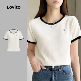 Lovito เสื้อยืดคอปกแบบสีตัดกันสำหรับฤดูใบไม้ผลิ/ฤดูร้อน สีกุ…
