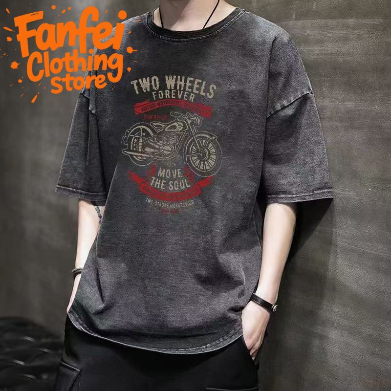 จัดส่งตลอด 24 ชั่วโมง Fanfei เสื้อยืดฟอกโอเวอร์ไซส์ ผ้าคอตตอน 100% สีดำ เรโทร ใส่ได้ทั้งชายและหญิง