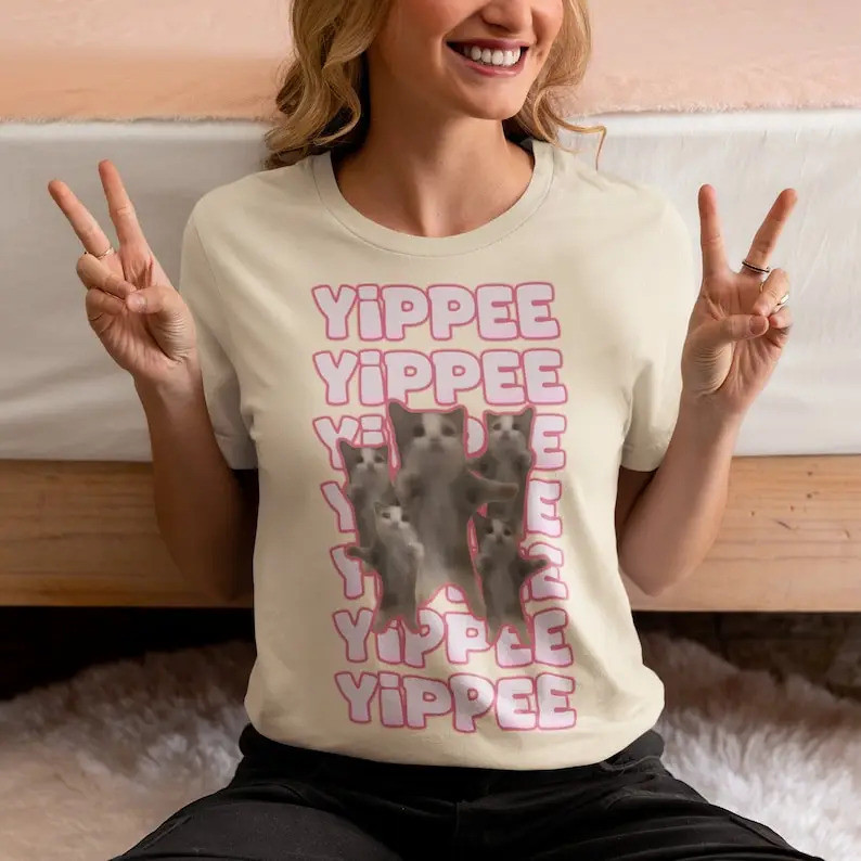 KEMEJA Yippe แมวตลก Meme เสื้อยืดเสื้อแมวโง่ Ahh Tshirt Happy Cat กระโดด Meme Tee Gen Z อารมณ์ขัน Te