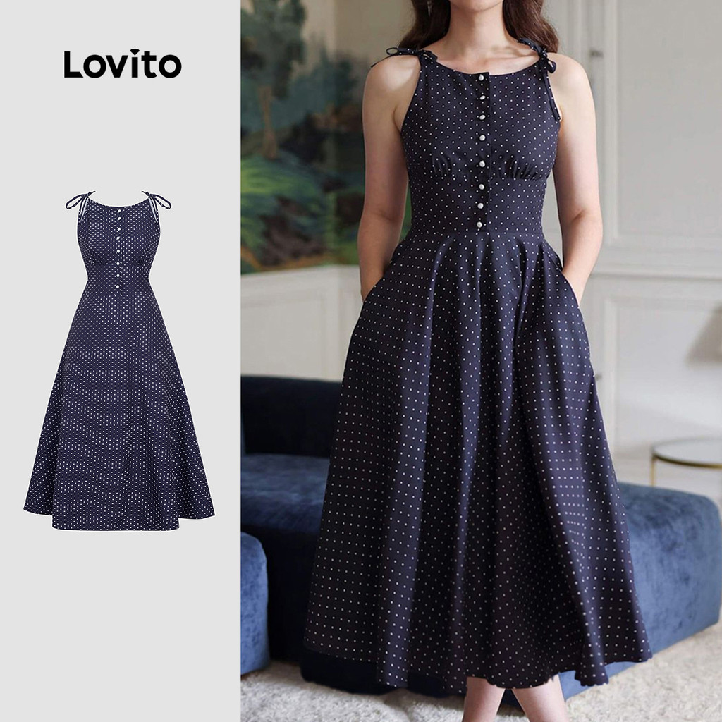 Lovito ชุดเดรสงามมีปุ่มด้านหน้า ผูกสายด้านหน้า ฤดูใบไม้ผลิ/ฤดูร้อน ชุดสีน้ำเงินปรัสเซีย L155ED722