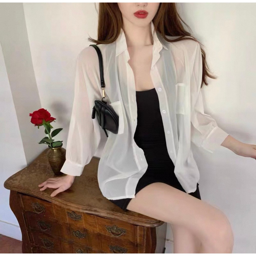🚚พร้อมส่ง🚚👉 MKL👈 เสื้อชีฟอง แขนยาวคอปก เสื้อคลุม ผ้าบางใส่สบายมีให้เลือก2สี #9983