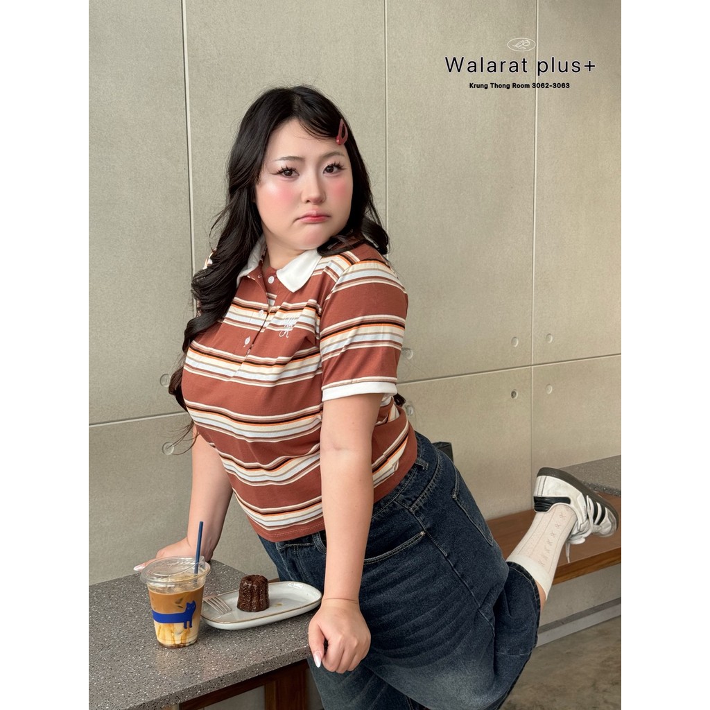 Coco Polo Top - เสื้อครอปโปโลลายทาง ไซส์ใหญ่ มี 5 สี (อก 38-52 นิ้ว) เสื้อสาวอวบ สาวพลัสไซส์