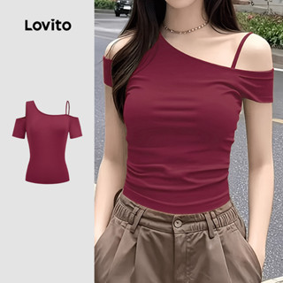Lovito  เสื้อยืดลําลองผู้หญิงสีแดงเบอร์กันดีสําหรับฤดูใบไม้ผ…