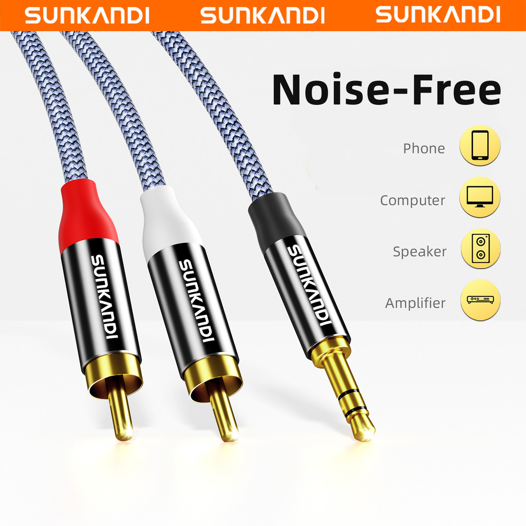 SUNKANDI AUX JACK สาย RCA 3.5 มม.ถึง 2RCA Gold-plated สเตอริโอ Y-Splitter ชายชายสายสําหรับโทรศัพท์โฮมเธียเตอร์ลําโพงทีวี
