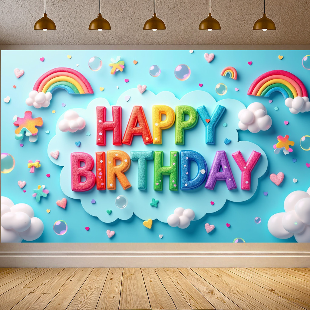 Rainbow Happy Birthday ฉากหลังแบนเนอร์น่ารักสีชมพู Rainbow พื้นหลังการถ่ายภาพสําหรับสาว Sweeties บ้านกลางแจ้งวันเกิด Party ตกแต่งอุปกรณ์