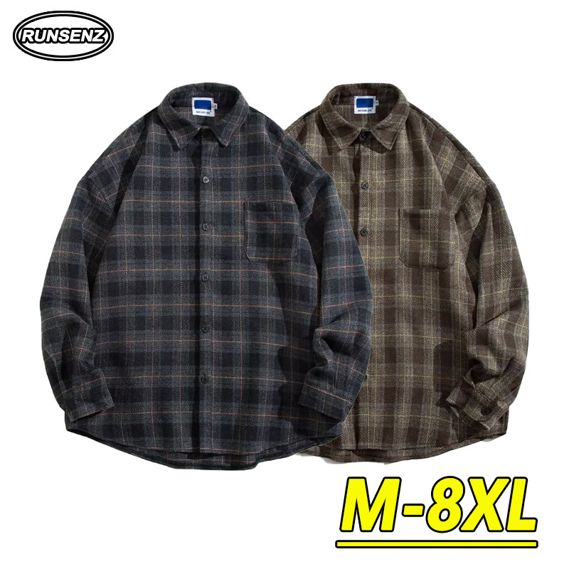 เสื้อยีนส์แขนยาวลายสก๊อตแบบอเมริกันสำหรับผู้ชาย พร้อมกระเป๋าคาร์โก้และไซส์บวก