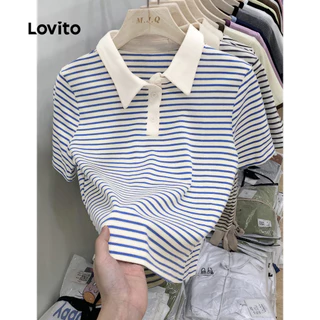 Lovito แคชชวล เสื้อยืดลําลองเสื้อยืด บล็อกสี ลายทาง สําหรับผู้หญิง LNE29048 (น้ําเงิน/ดํา)