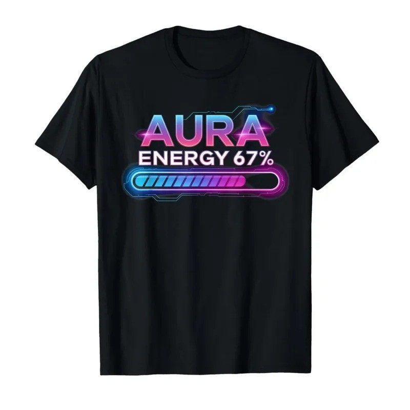 เสื้อยืด Aura Energy 67 Meme Funny Gen Alpha Slang Retro สำหรับผู้ชายและผู้หญิง ผ้าฝ้าย 100% แขนสั้น