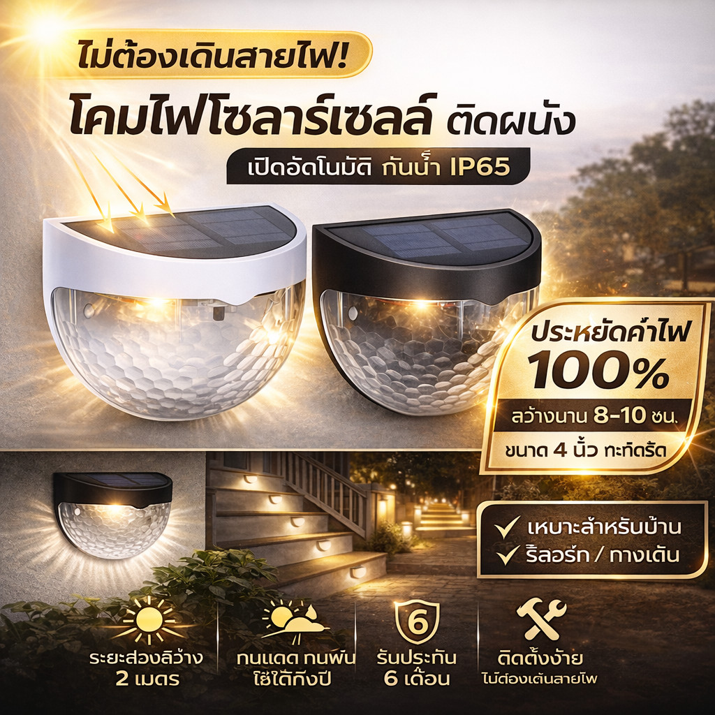 !! พร้อมส่งจากไทย โคมไฟ Solarcell ครึ่งวงกลม LED 6 ดวง 2W แสงขาว/วอร์ม กันน้ำ ติดตั้งง่าย ติดผนัง สวน รั้ว ทางเดิน