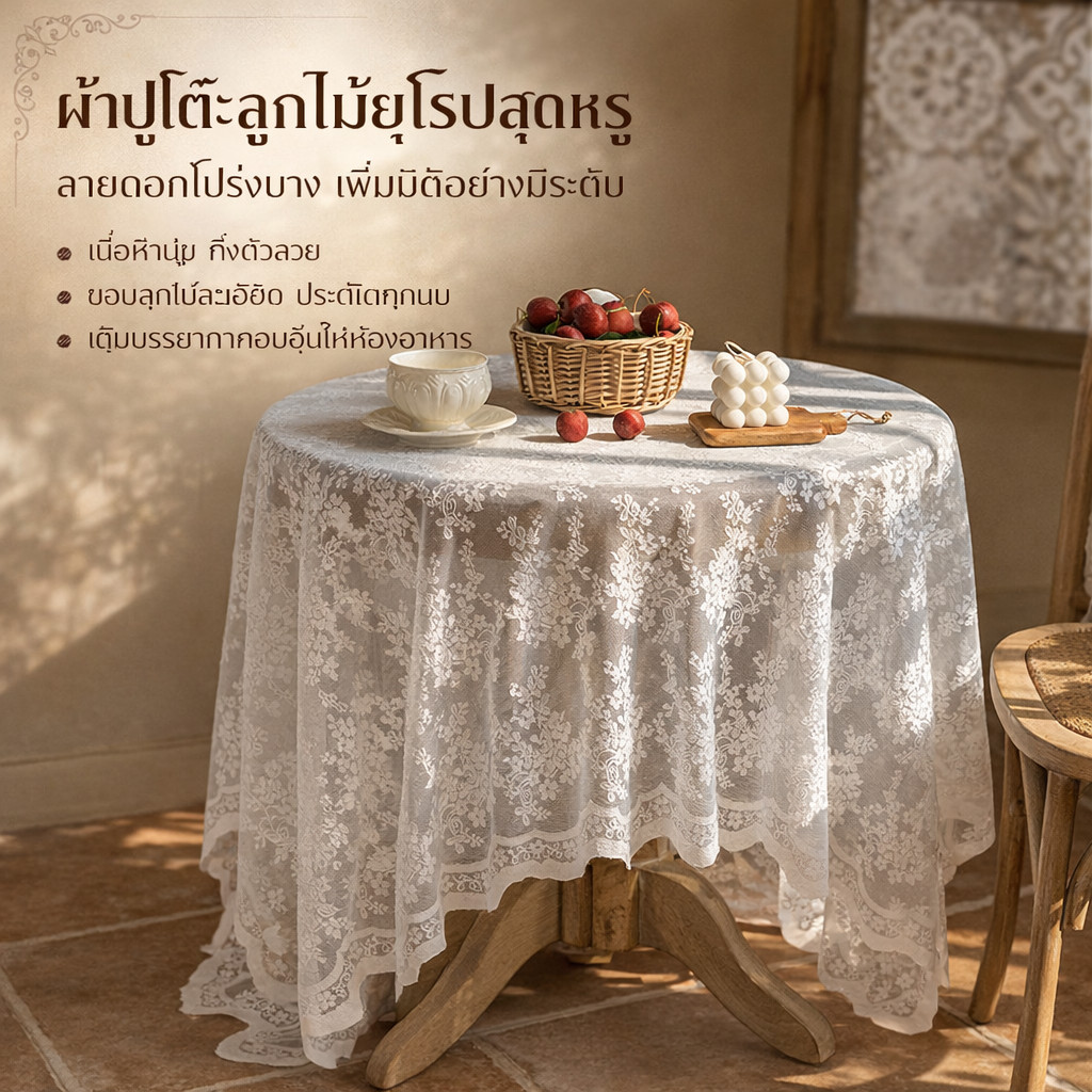 ผ้าปูโต๊ะลูกไม้สไตล์ยุโรป เรียบหรู ลายดอกละเอียด สำหรับโต๊ะอาหารและตกแต่งบ้าน