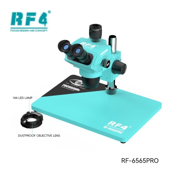กล้องจุลทรรศน์สเตอริโอแบบสามตา RF4 RF6565-PRO ซูมซิงโครนัส 6.5-65X พร้อมฐานโลหะผสมอลูมิเนียม