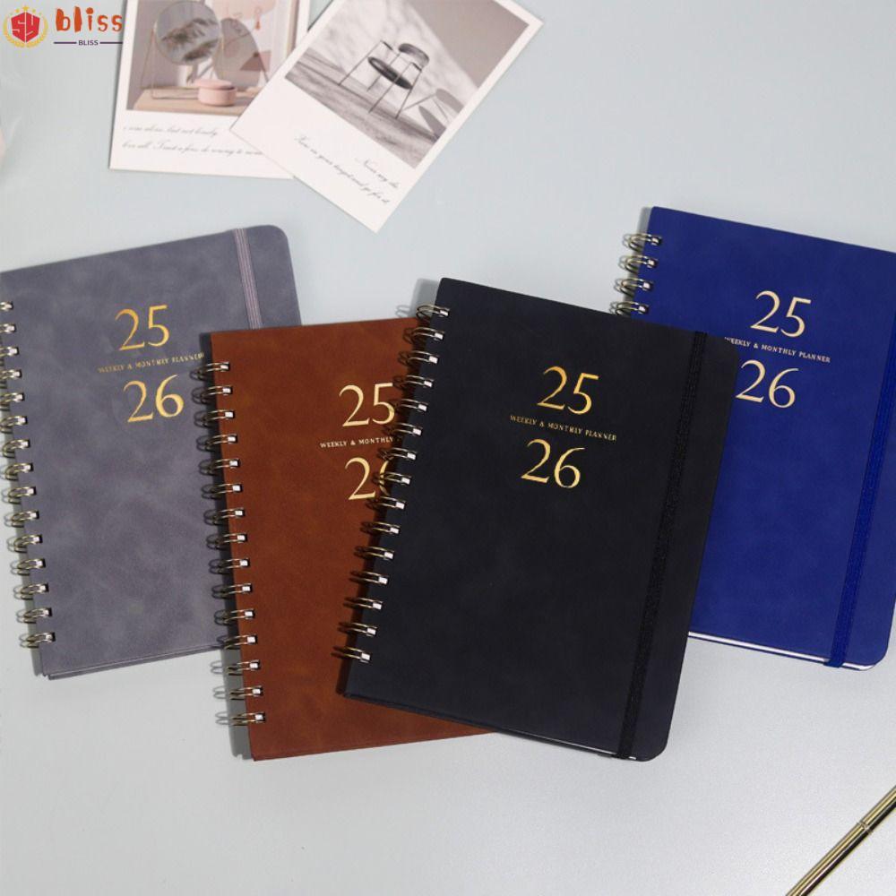 BLLISS Planner 2025-2026 รายสัปดาห์และรายเดือน PU Leather Cover นักวิชาการ, กระเป๋าด้านใน A5 Daily S