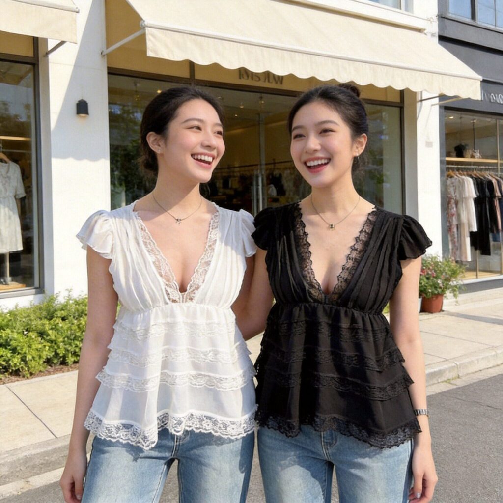 เสื้อแขนกุด คอวีแต่งลูกไม้ระบาย เพิ่มเสน่ห์ให้น่าหลงหลัน