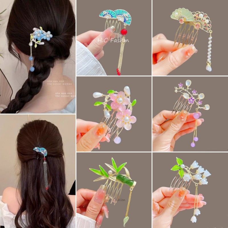 หวีผมสไตล์เรโทร ออกแบบเหมือนดอกไม้และพู่ กึ่งคลิปด้านข้าง สวยงามและเหมาะสำหรับตกแต่งเส้นผม