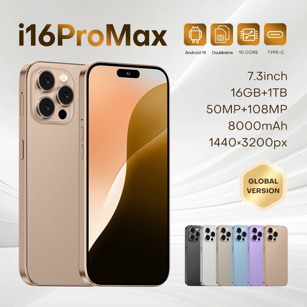 I16Promax สไตล์ใหม่ 4G 5G โทรศัพท์มือถือ 7.3 นิ้วหน้าจอความละเอียดสูงพิเศษสมาร์ทโฟน All-in-One โทรศั