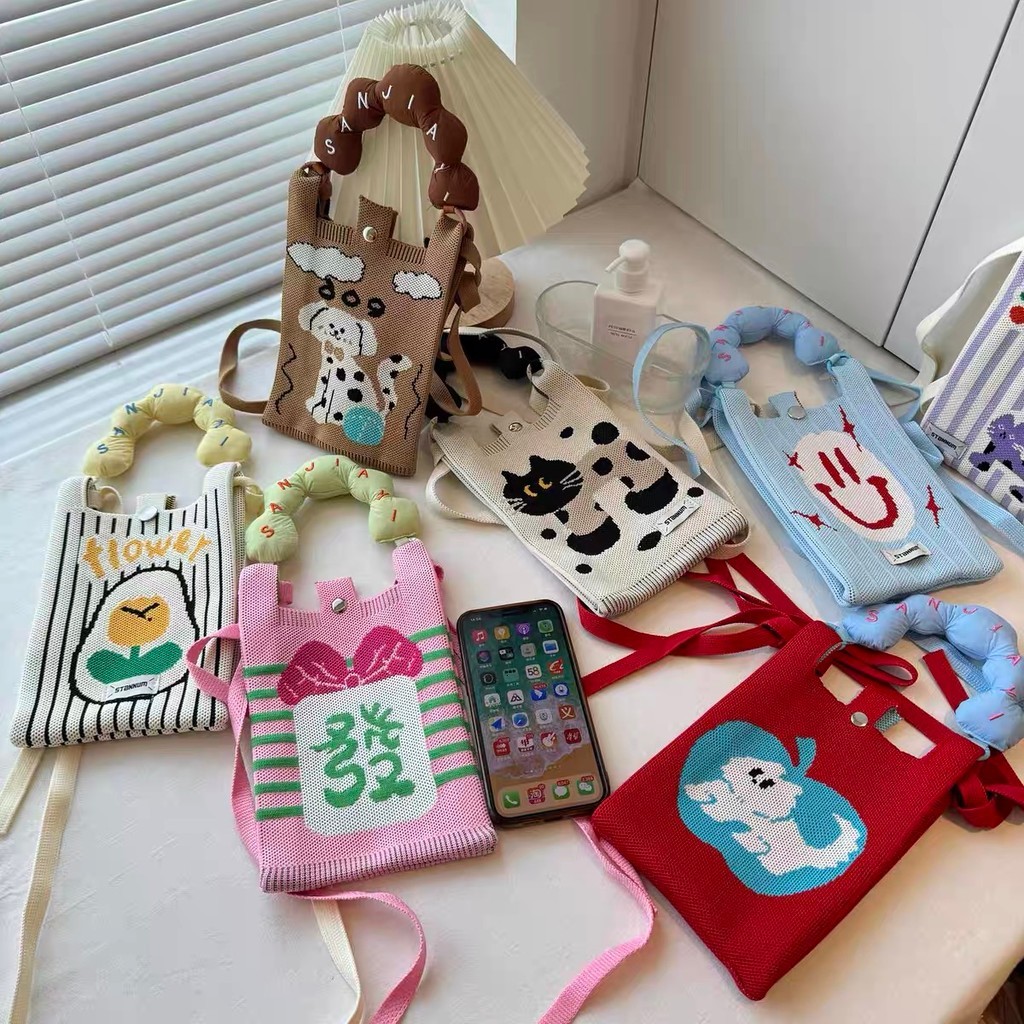 Lucky-girl: ใหม่เวอร์ชั่นเกาหลีน่ารักหวานรักมินิกระเป๋าโทรศัพท์มือถือถักไหล่กระเป๋า crossbody กระเป๋าถือหญิง