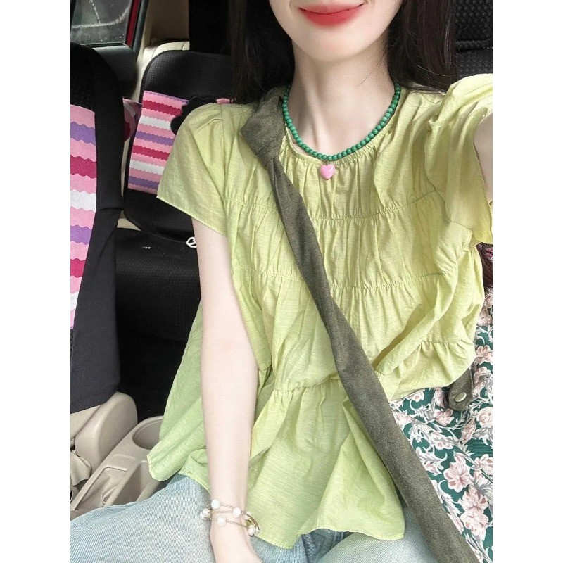 ❤sweet❤ผู้หญิง สีเขียว เสื้อแขนสั้น เฉินเซ็น หวาน ผ่อนปรน การลดอายุ เสื้อเชิ้ต เสื้อ