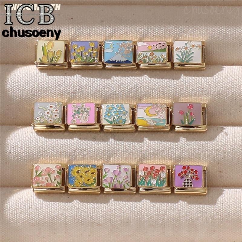 ดอกไม้สีทองที่มีสีสันอิตาลีสร้อยข้อมือเสน่ห์พอดี9มิลลิเมตรสร้อยข้อมือสแตนเลส ทําเอง เครื่องประดับทําอุปกรณ์บุคลิกภาพโมดูลสร้อยข้อมือเครื่องประดั