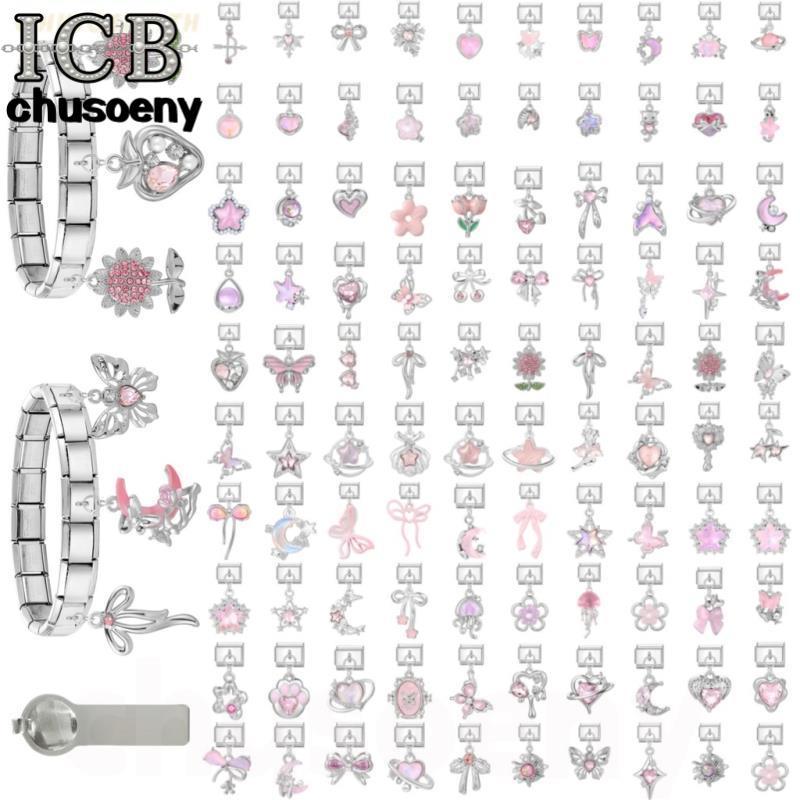 สร้อยข้อมือสแตนเลสสไตล์จี้ มีลายดอกไม้สีชมพูและดาวอิตาลี พอดีวงรอบ 9 มิลลิเมตร ทำเองได้ง่าย เครื่องประดับเสริมบุคลิกภาพ