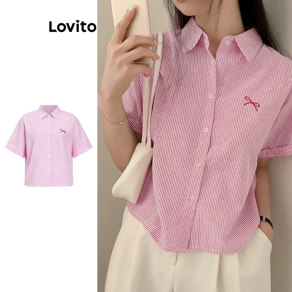 Lovito เสื้อลําลองเสื้อโบว์กระดุมลายทางสําหรับผู้หญิง LAD106666 ราคา ถูกที่สุด ดีลบีเคเค