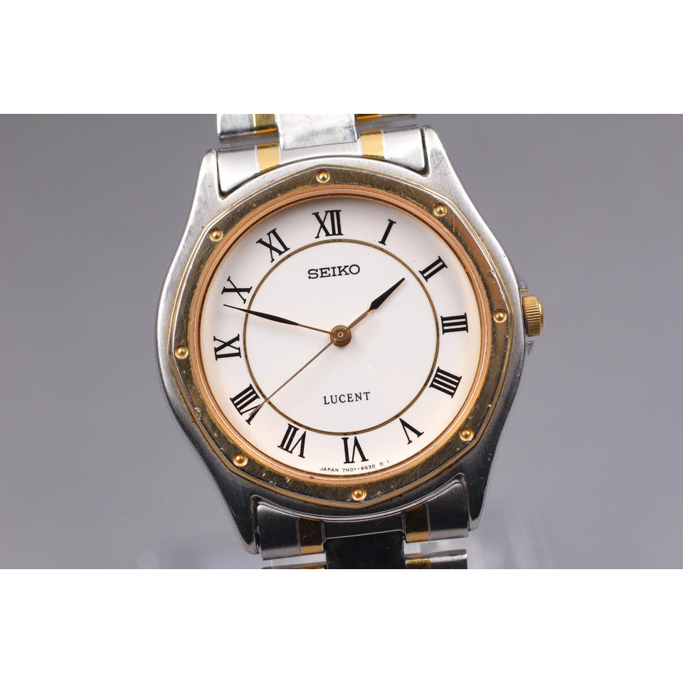 Vintage 1993 [near mint] seiko lucent 7n01-6510 gold 32mm qz roman men's watch