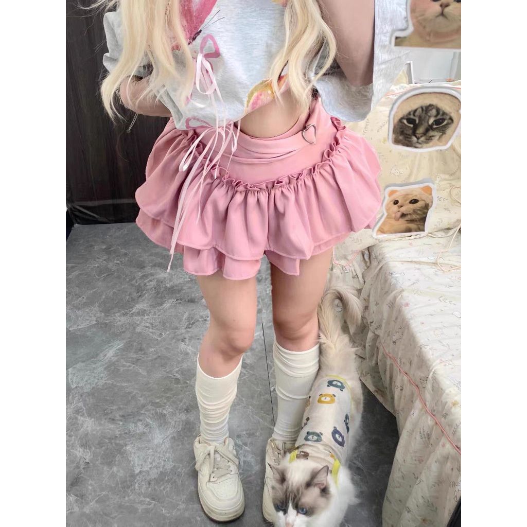 Astringent Character Slim Thin Cake กระโปรงสั้นสีชมพูกระโปรงฤดูร้อน Guxian kelly Kitty Pettiskirt Do