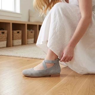 【ส่งจากไทย】Fancylee 014 Grey Suede Elastic Lace-Up Mary Janes มีซิปหลัง &amp; ส้นเหลี่ยมต่ํา - เหมาะสําหรับ Commuting