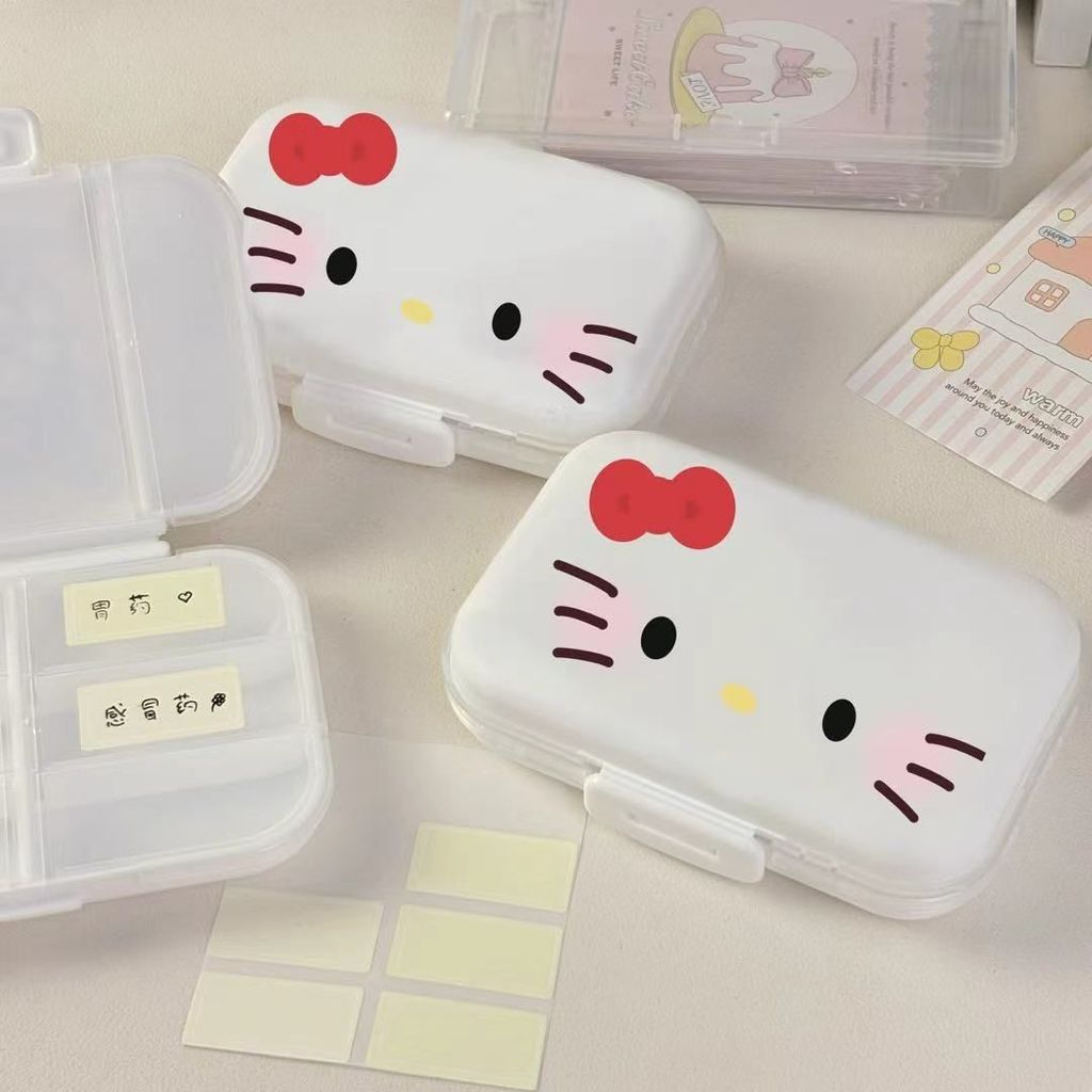 kitty สวัสดี คิตตี้ กล่องยาคิตตี้กล่องบรรจุยาแบบพกพาหนึ่งสัปดาห์แบบพกพาสามมื้อกลางวันกล่องเก็บยาขนาดเล็ก