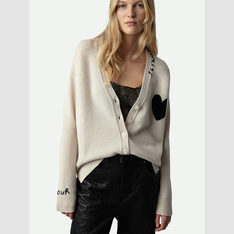 IV3I Zadig&Voltaire 25New autumn and winter hand-embroidered cardigan V Heart-patterned cashmere kni
