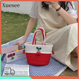 กระเป๋าถือลายเชอร์รี่ พร้อมกระเป๋าถักจากฟางสีแดงแบบแฝด ทรงถั…