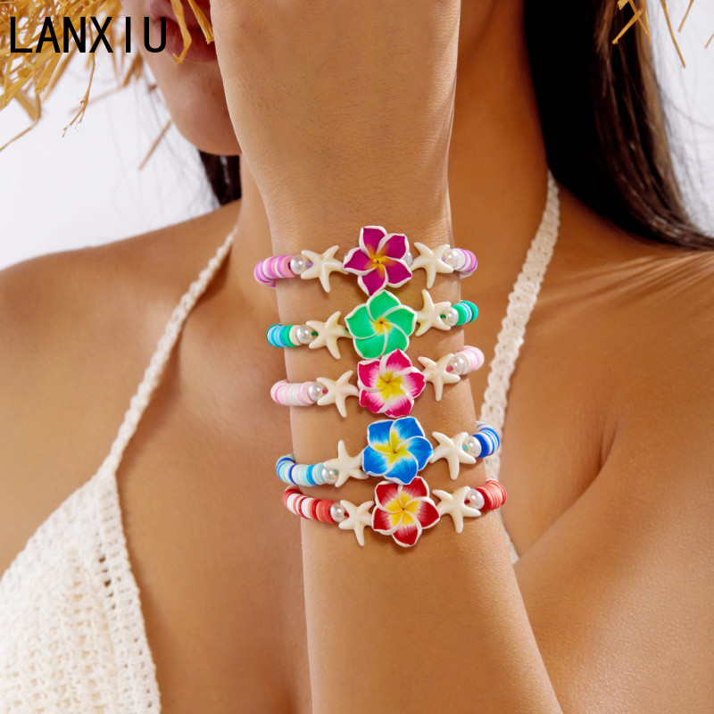 สร้อยข้อมือ.Handmade.Polymer.Clay.ลายดอกไม้.Boho.สำหรับ.สาวๆ.ฤดูร้อน ราคา ถูกที่สุด ดีลบีเคเค