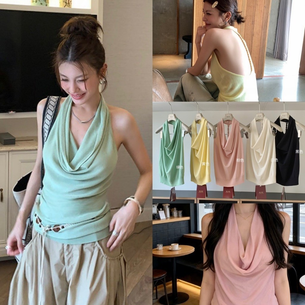 ❤ 🧵 🇰🇷 W9052 เสื้อคล้องคอ ทรงคอถ่วง ด้านหลังแต่งผ้าทรงเปีย ผ้ายืดหยุ่นได้ดี สีสวย น่ารัก TAG WG.WE 🧵🧡