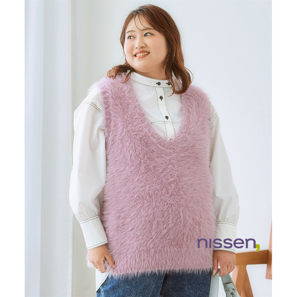 Direct from Japan Nissen_เสื้อกั๊ก V-neck ขนปุยไซส์ใหญ่ พลัสไซส์ แฟชั่นเกาหลี พรางหุ่น เทรนด์ฮิต ใส่