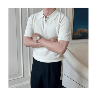 【Houch พร้อมส่ง COD】เสื้อโปโลผู้ชายสีทึบปกเสื้อซิปกีฬาแขนสั้นฤดูร้อนสบาย ๆ สบาย ๆ