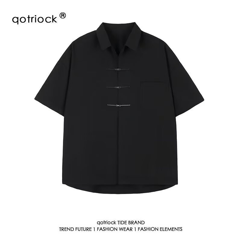 เสื้อเชิ้ตแขนสั้นสไตล์จีนใหม่ ดีไซน์โลหะ อุนisex