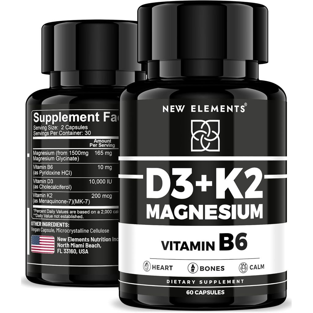 Vitamin D3 K2 with Magnesium Glycinate & Vitamin B6 | Magnesium 1500mg | D3 10,000 IU | K2 (MK7) 200