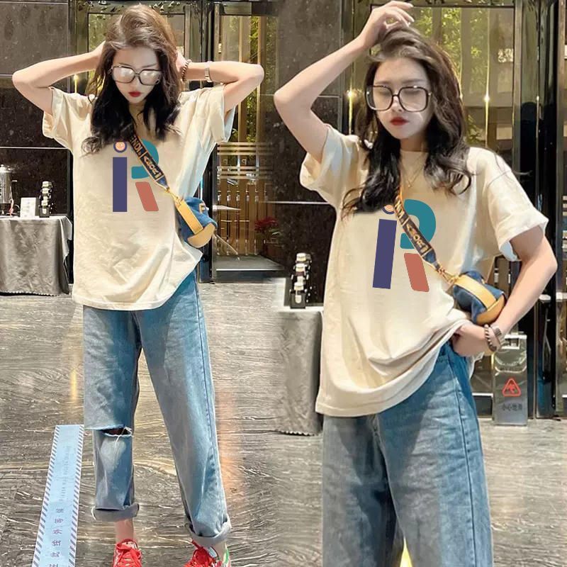 40-150KGPlus-Size Maternity Wear Trending Top กลางความยาว 150 กก.แขนสั้นใหม่พิมพ์หลวมกระชับเสื้อยืดส