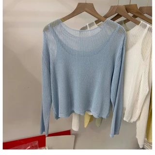 ฤดูใบไม้ผลิใหม่เสื้อกันแดดอ่อนโยนของผู้หญิงสีทึบเสื้อถักแขนยาวลําลอง 260319