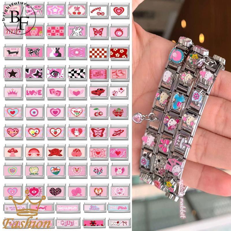 สร้อยข้อมือสแตนเลส Hot Pink Series ขนาด 9 มม. เครื่องประดับสไตล์เรโทร Italian Charm