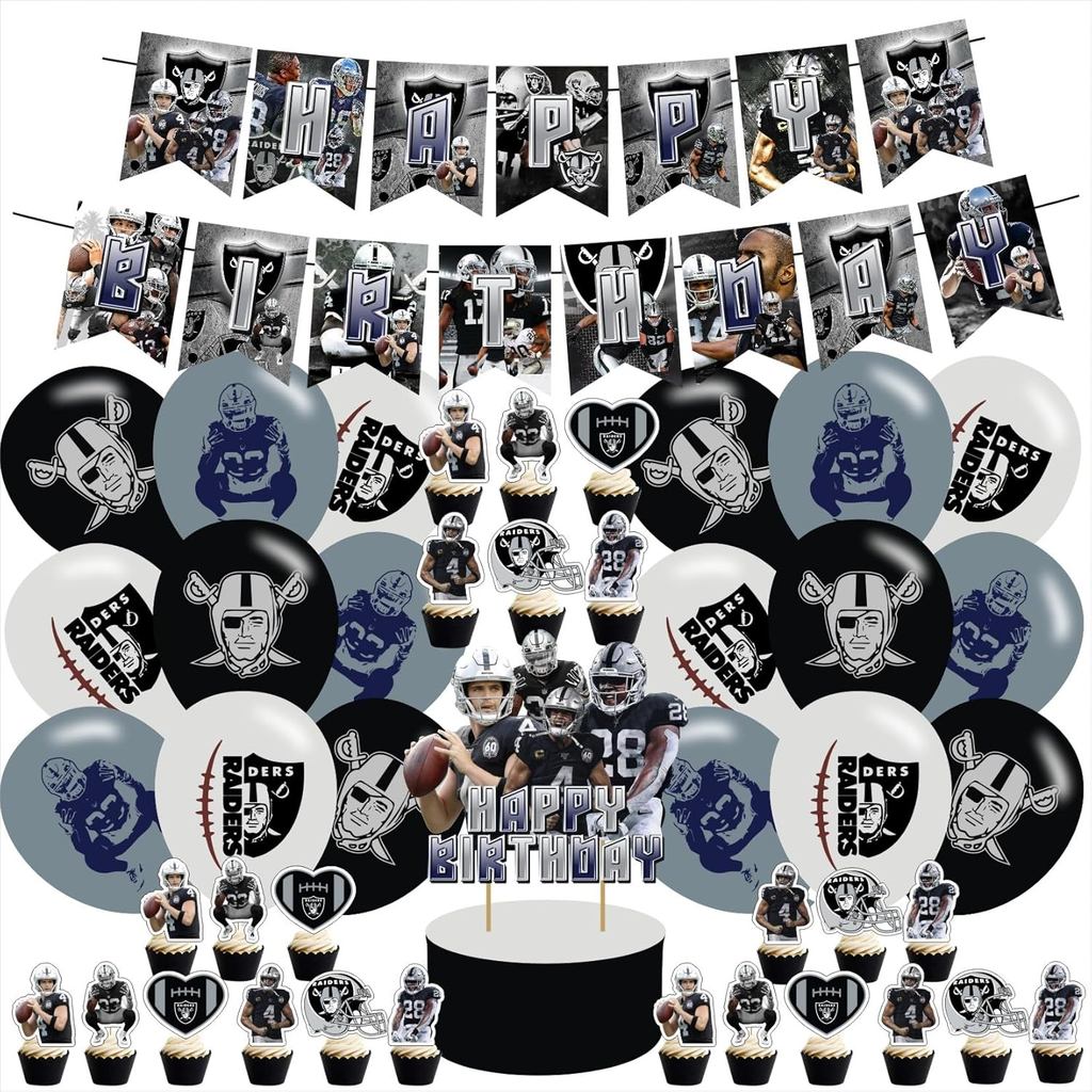 Las-Vegas Raiders Party Supplies,Las-Vegas Raiders Party ตกแต่งรวมแบนเนอร์, เค้ก Toppers, บอลลูนสําห