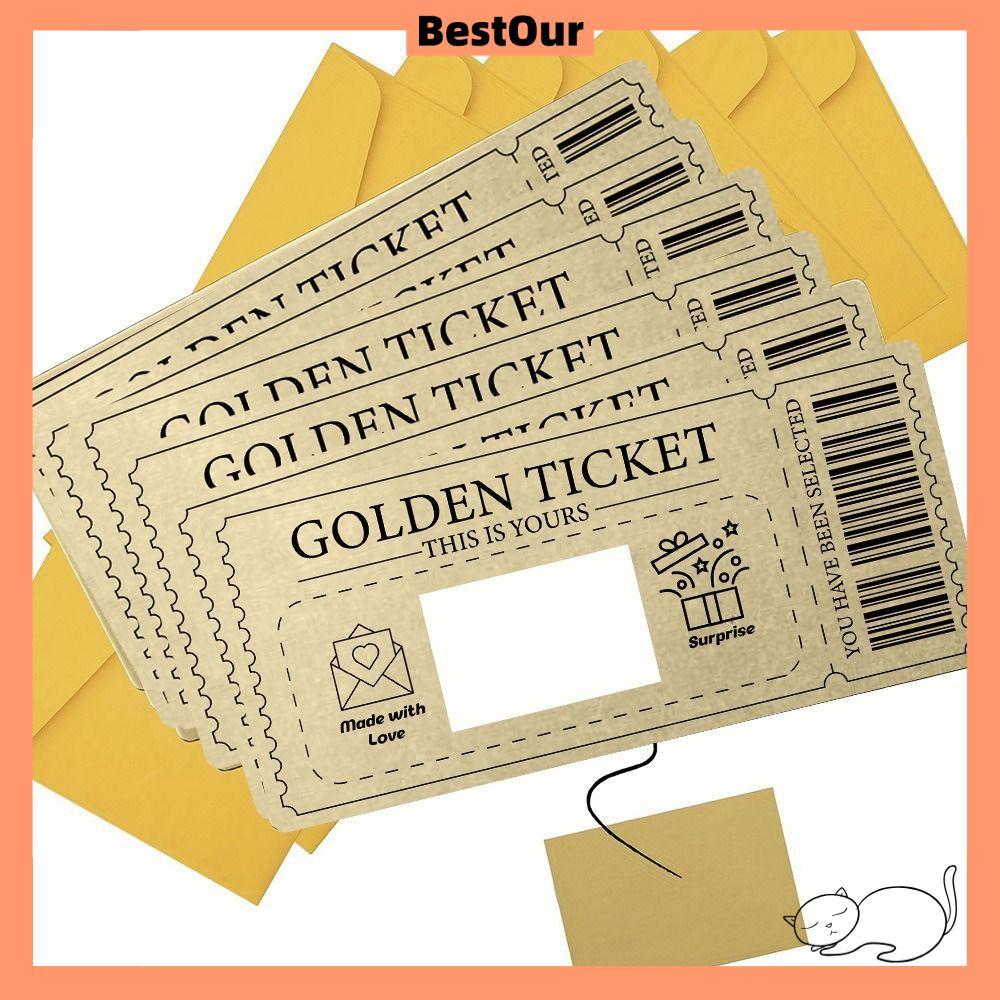 BESTOUR Golden Ticket Scratch- Card, Raffle Gift Scratch Ticket Concert Ticket, Party Favor with Env