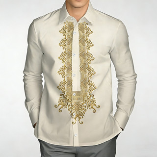 Barong Tagalog For Men Modern Long Sleeve Barong Shirt Retro Ethnic Tribal Clothing Asean Attire For Men Business Formal Shirt